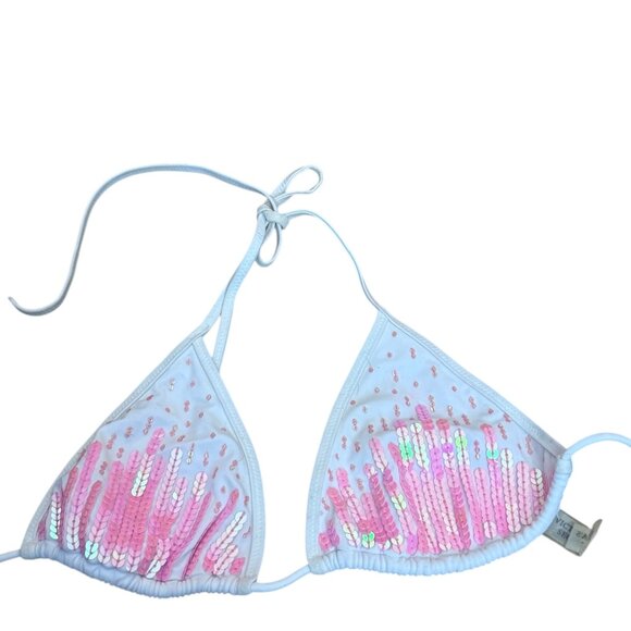 Victorias Secret Womens Medium White Pink Sequins Bikini Swim Top Y2K - Picture 2 of 3